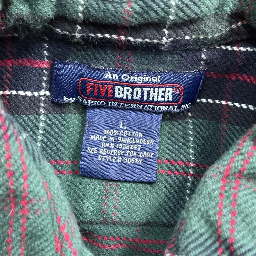 Five Brother Heavy Utility Green Plaid Flannel Snap Button-Up‎ Shirt Men's Large